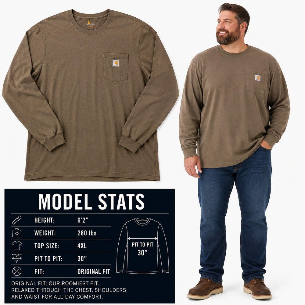 Carhartt Mens K126 ARG Original Fit Long Sleeve Pocket T-Shirt 4XL Army Green